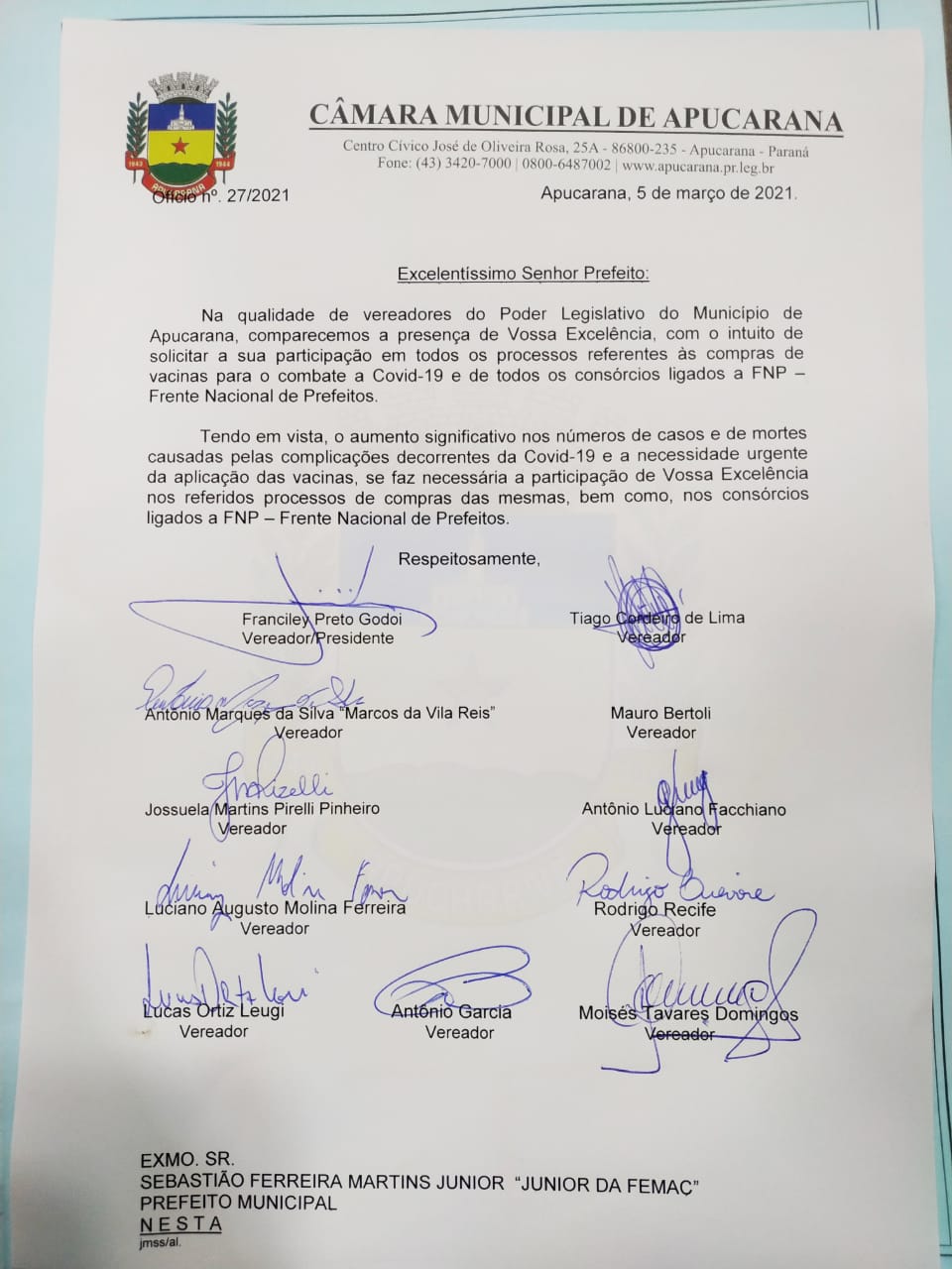 Câmara encaminha ofício ao Executivo sobre participação de Apucarana no Consórcio para compra de Vacinas contra Covid 19