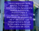 Câmara realiza Audiência Pública para debater proposta da LOA 2024